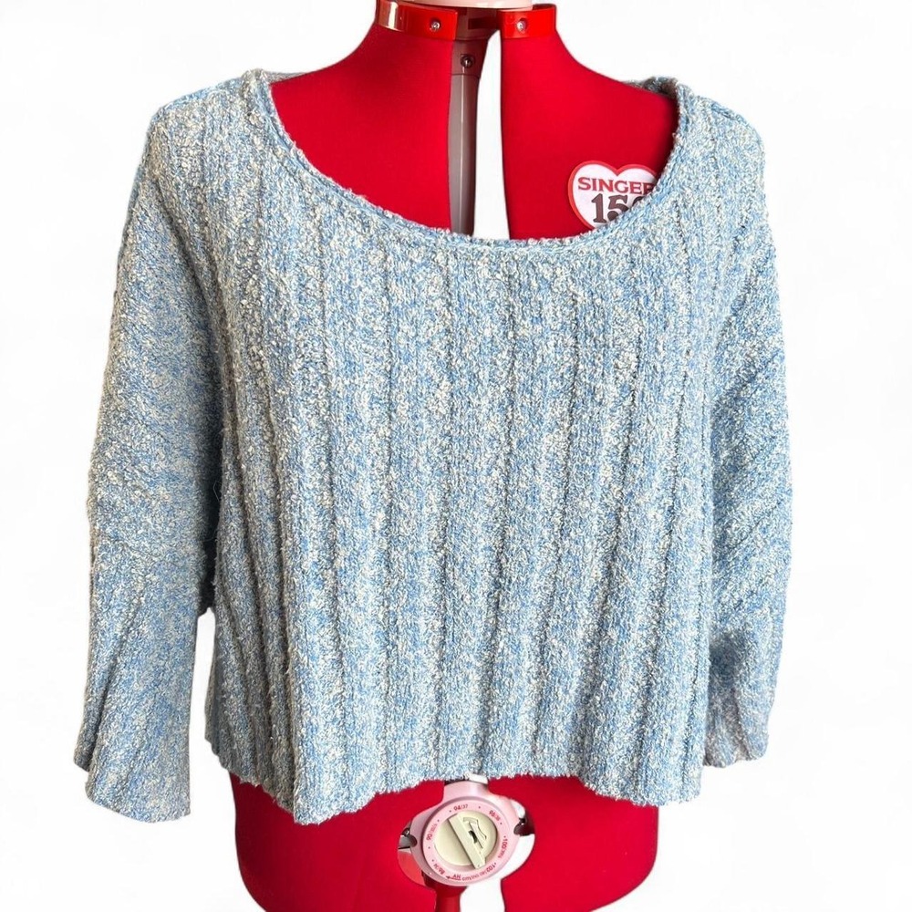 Free People Oversized Cropped Blue & White Sweater With 3/4 Sleeves Small